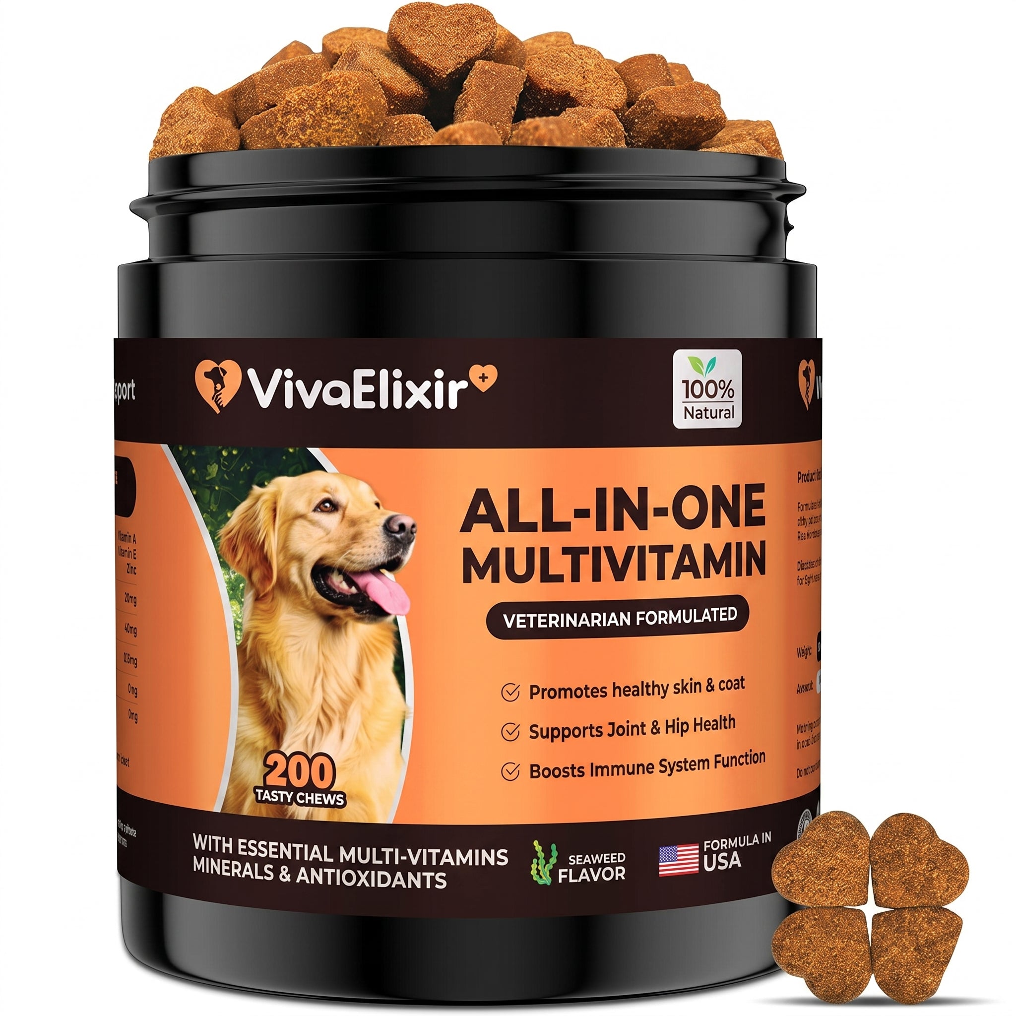 VivaElixir 100% Natural Flea & Tick Prevention for Dogs - 200 Tasty Soft Chews - Formulated with Brewer's Yeast, Garlic & Coconut Oil - Seaweed Flavor