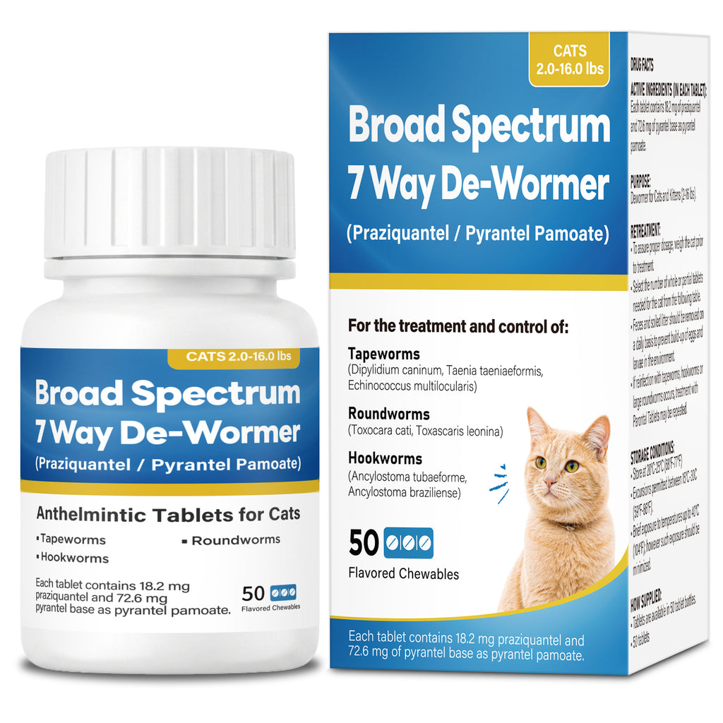 7-Way Broad-Spectrum De-Wormer Chewables for Dogs, Cats & Kittens 2–16 lbs, Pyrantel Pamoate & Praziquantel, Controls Tapeworms, Roundworms & Hookworms, 50 Count
