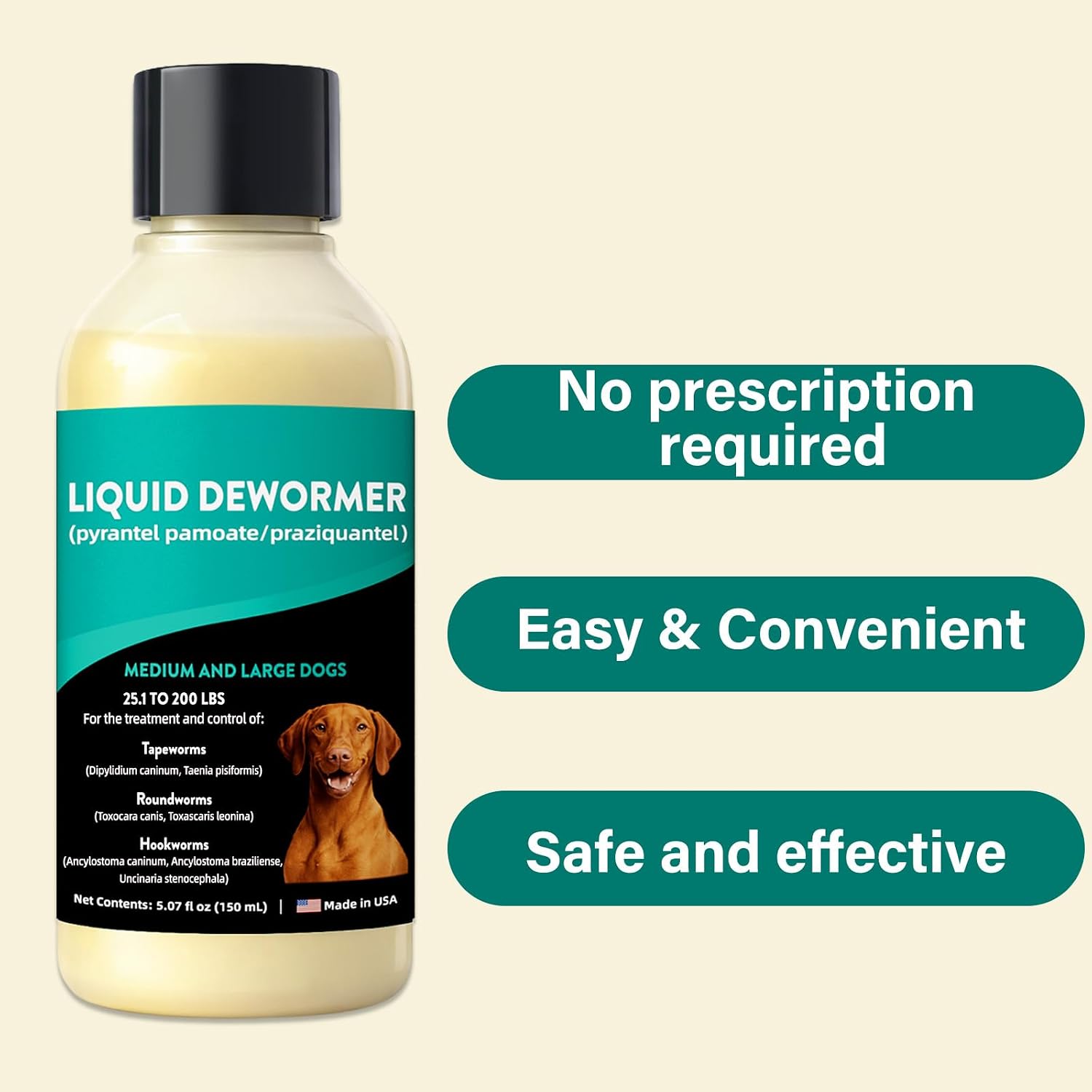 Pyrantel Pamoate De-wormer for Medium and Large Dogs, Oral Treatment for Tapeworm, Roundworm & Hookworm