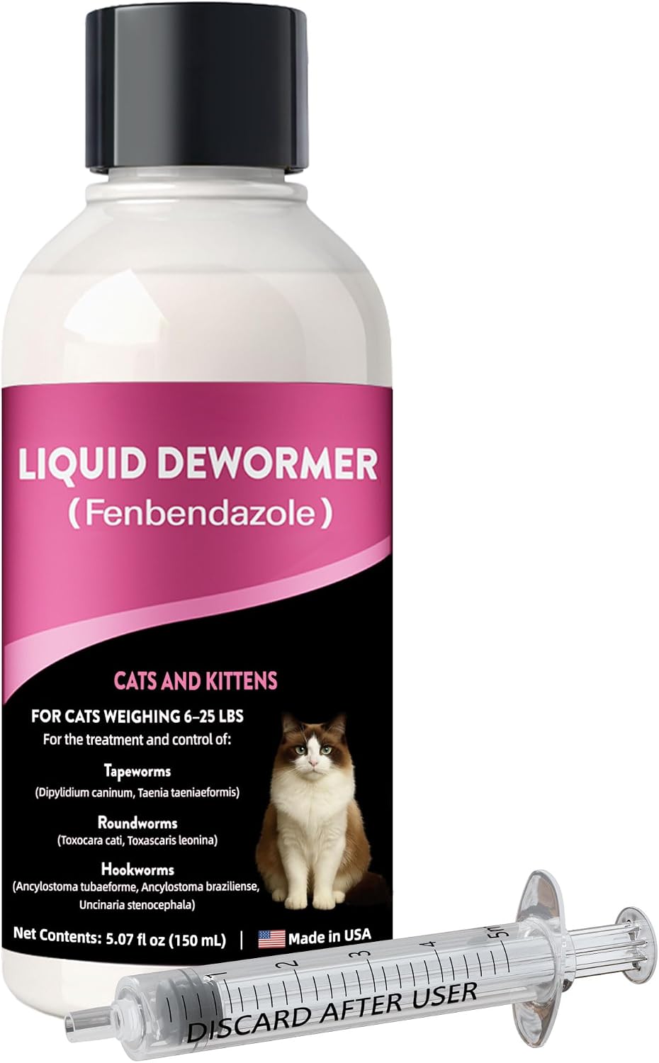 Liquid Dewormer for Cats & Kittens, Fenbendazole Cat Dewormer for Tapeworms, Roundworms, Hookworms & Lungworms, Chicken & Honey Flavor Oral Wormer, Easy Daily Dose, 150 mL