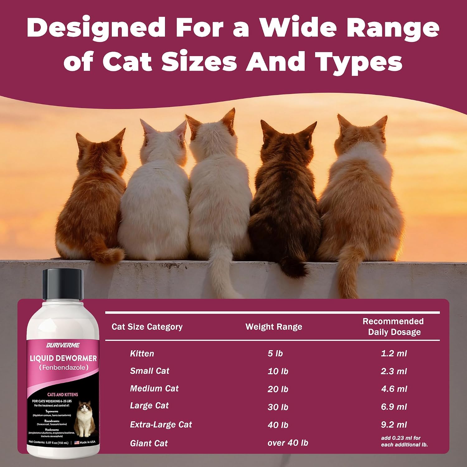 Liquid Dewormer for Cats & Kittens, Fenbendazole Cat Dewormer for Tapeworms, Roundworms, Hookworms & Lungworms, Chicken & Honey Flavor Oral Wormer, Easy Daily Dose, 150 mL