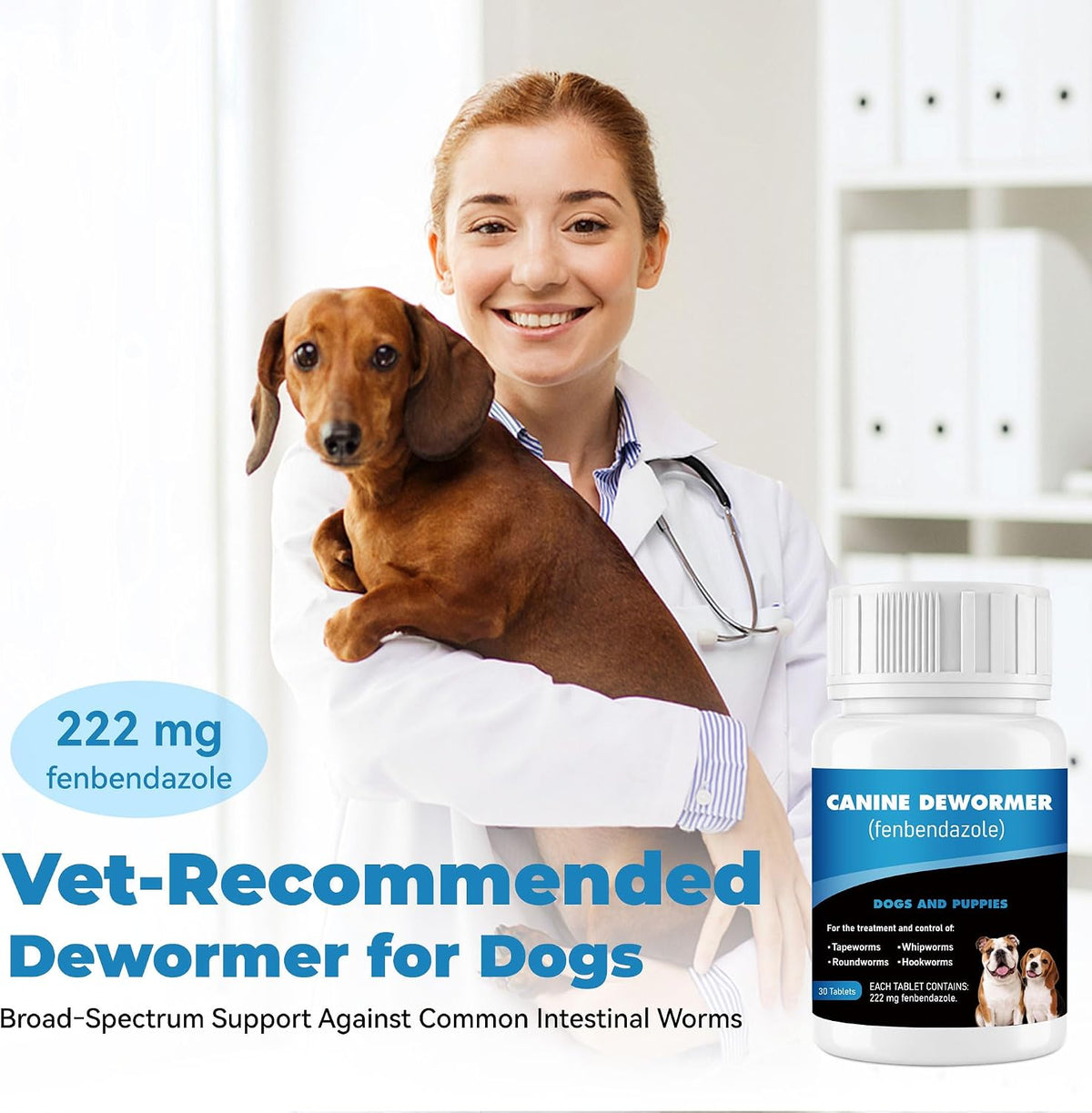 Dewormer for Dogs（Fenbendazole 222mg），Treatment and Control of Tapeworm，Roundworm，Hookworm，Whipworms，Lungworm & Giardia for Small，Medium & Large Dogs, Palatable Beef Flavor，Easy Dosing，30 Tablets