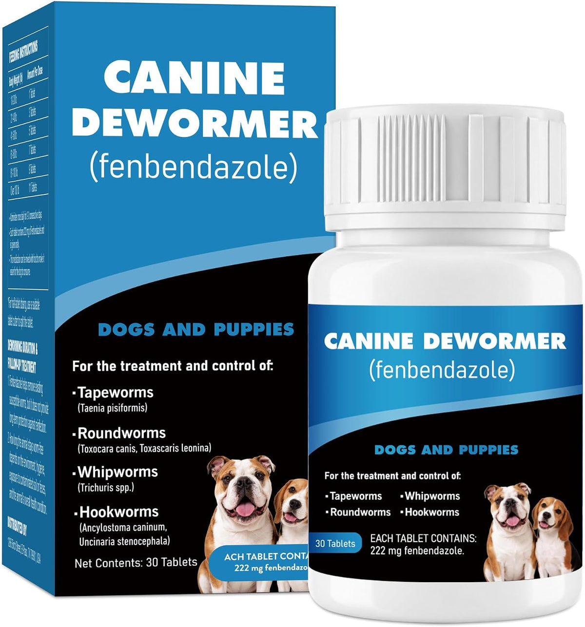 Dewormer for Dogs（Fenbendazole 222mg），Treatment and Control of Tapeworm，Roundworm，Hookworm，Whipworms，Lungworm & Giardia for Small，Medium & Large Dogs, Palatable Beef Flavor，Easy Dosing，30 Tablets