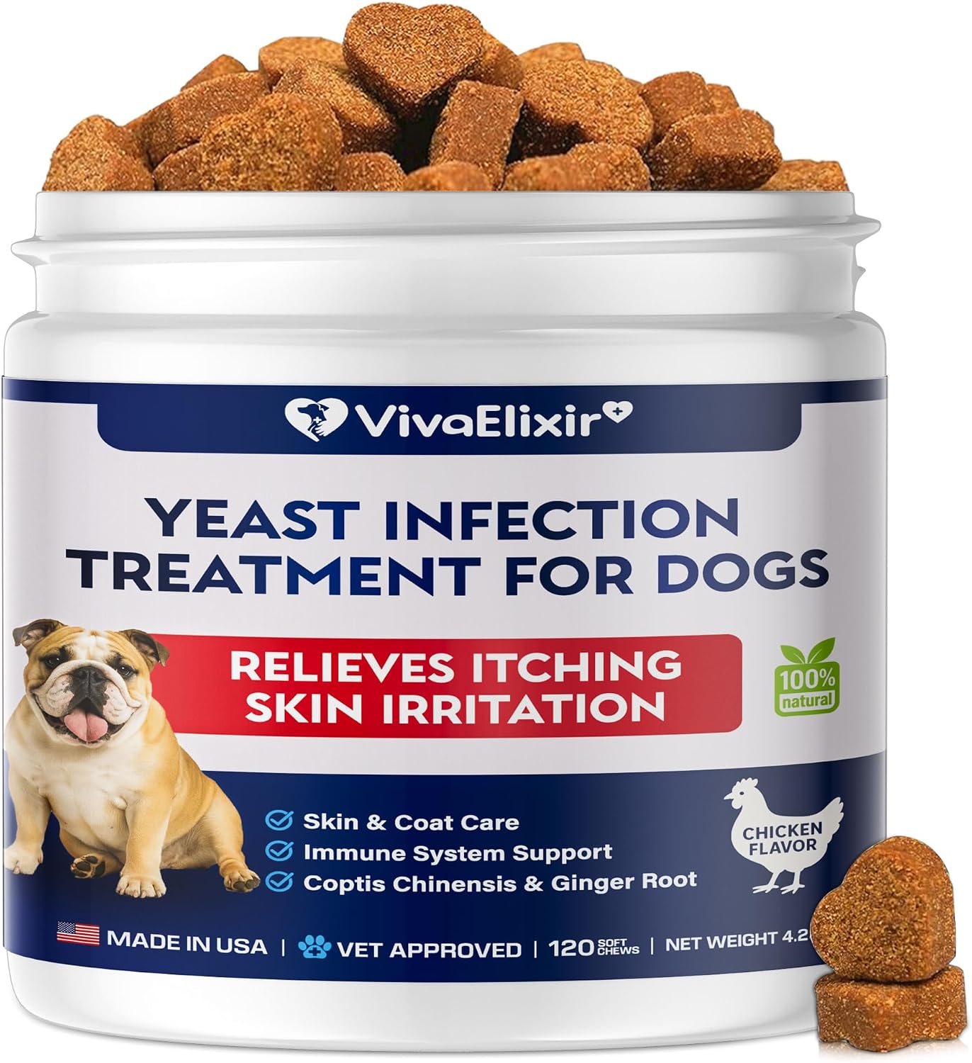 Yeast infection treatment for dogs–Dog ear infection treatment Dog itching skin relief | Caprylic Acid, Pau d’Arco & Goldenseal support Hot spot treatment for dogs Ear Discomfort |120 chewable tablets
