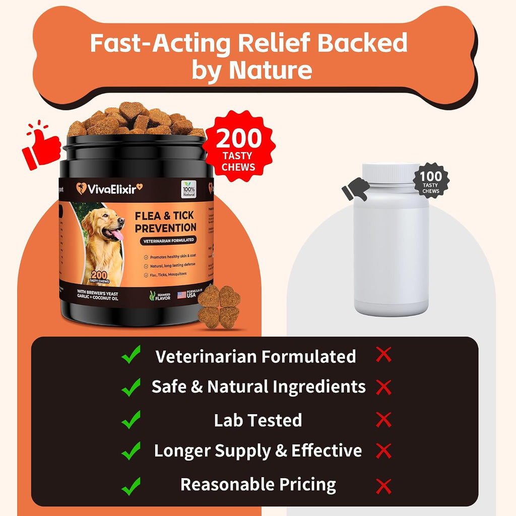VivaElixir 100% Natural Flea & Tick Prevention for Dogs - 200 Tasty Soft Chews - Formulated with Brewer's Yeast, Garlic & Coconut Oil - Seaweed Flavor