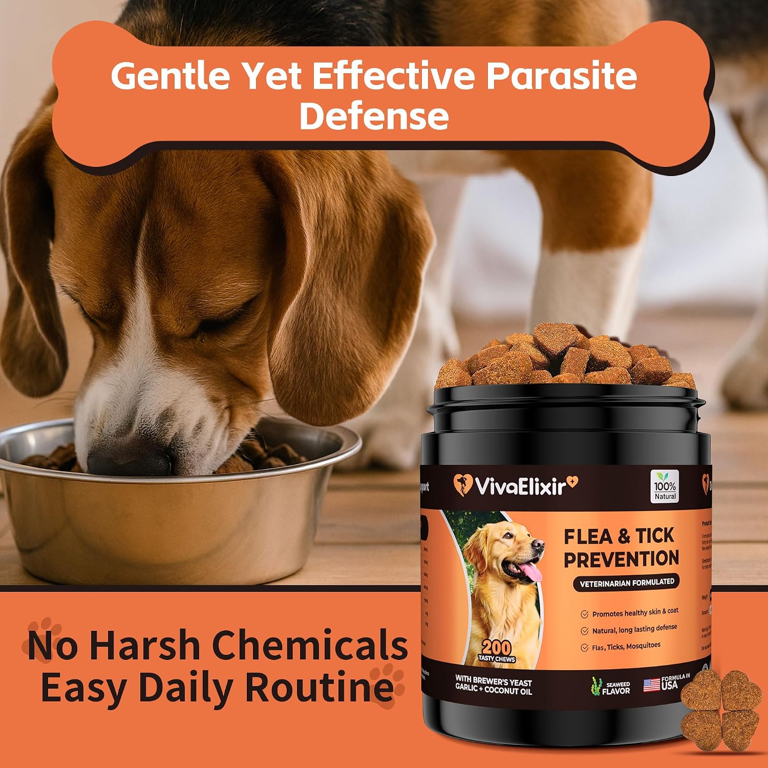 VivaElixir 100% Natural Flea & Tick Prevention for Dogs - 200 Tasty Soft Chews - Formulated with Brewer's Yeast, Garlic & Coconut Oil - Seaweed Flavor