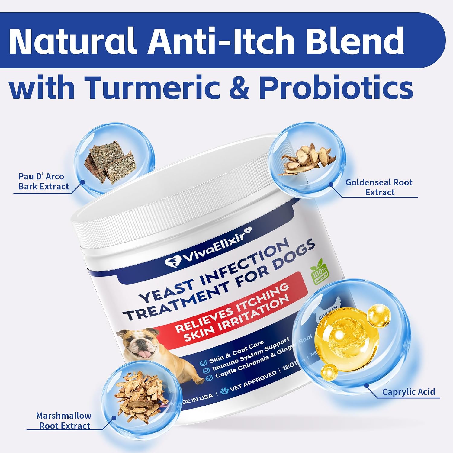 Yeast infection treatment for dogs–Dog ear infection treatment Dog itching skin relief | Caprylic Acid, Pau d’Arco & Goldenseal support Hot spot treatment for dogs Ear Discomfort |120 chewable tablets