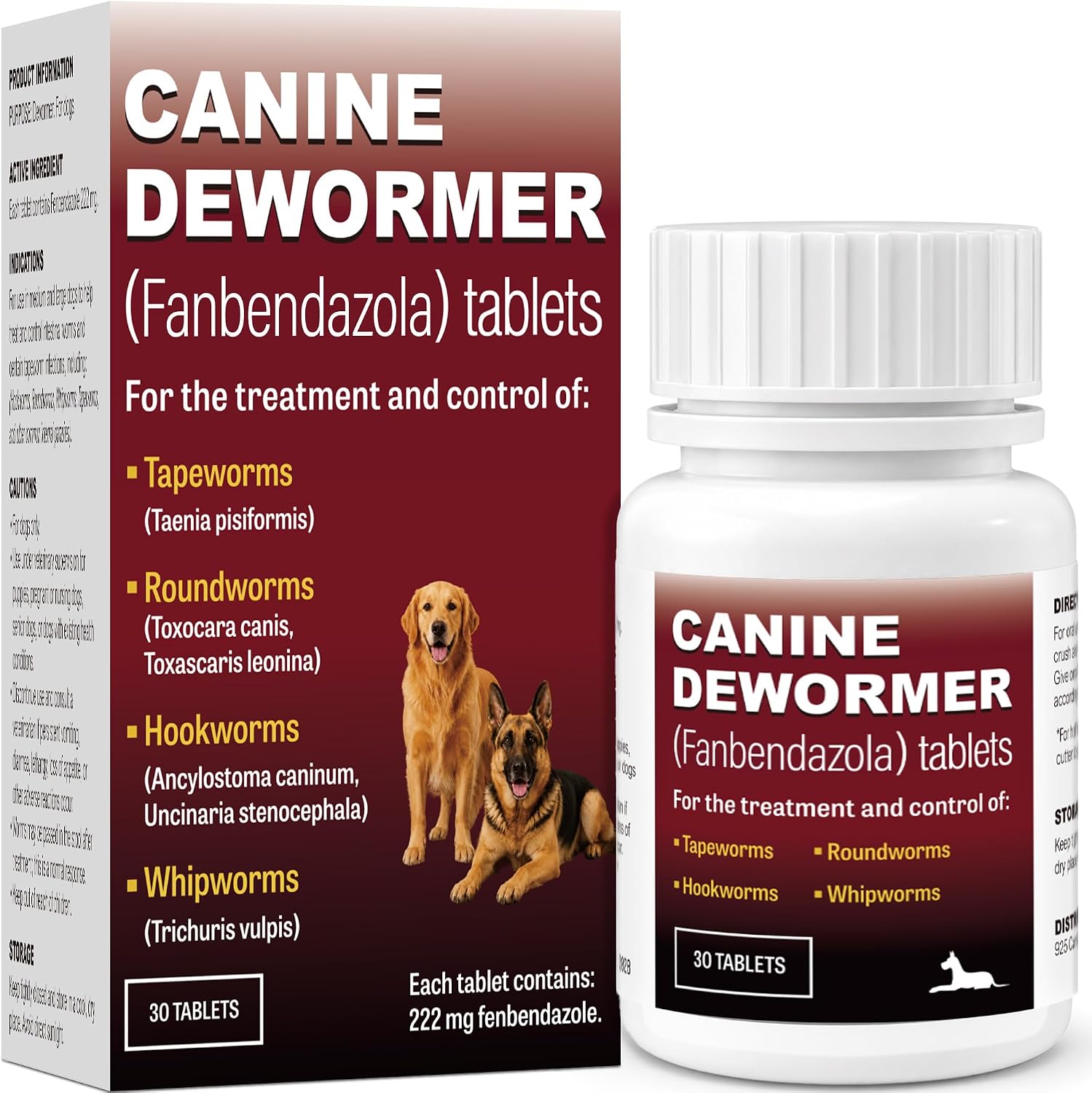 Dewormer for Dogs（Fenbendazole），Treatment and Control of Tapeworm，Roundworm，Hookworm，Whipworms，Lungworm & Giardia for All Ages & Breeds Dogs, Palatable Beef Flavor，Easy Dosing，30 Tablets