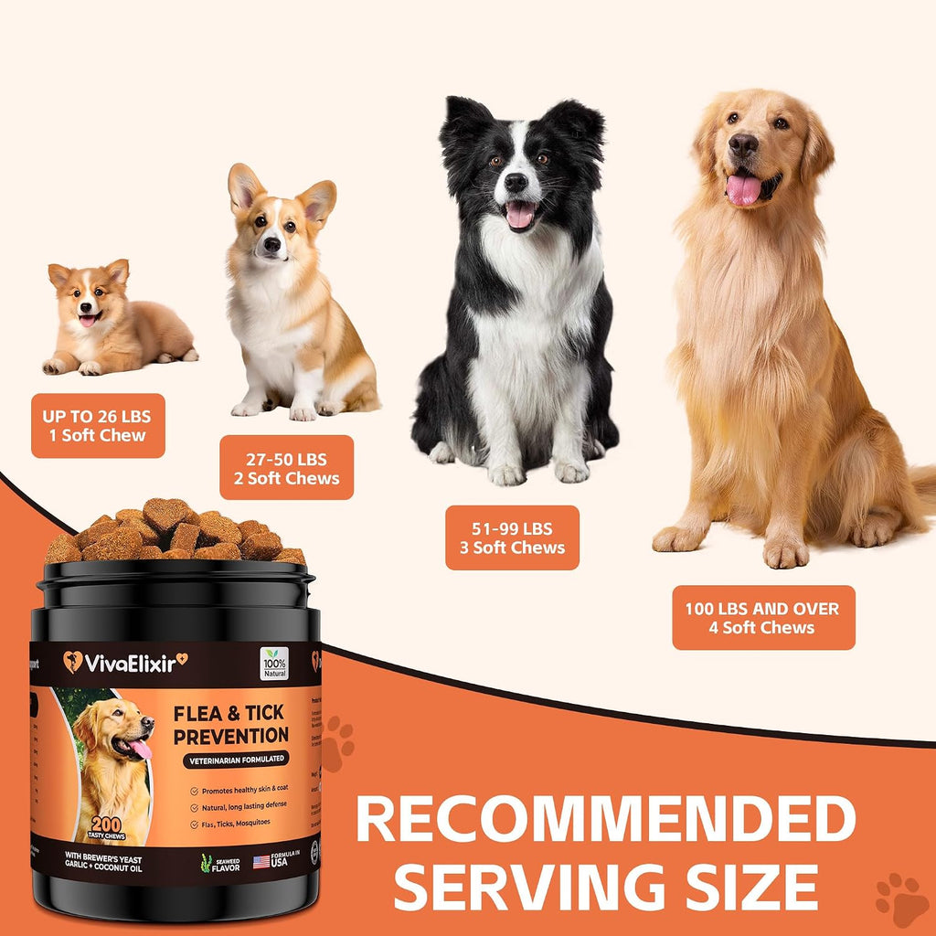 VivaElixir 100% Natural Flea & Tick Prevention for Dogs - 200 Tasty Soft Chews - Formulated with Brewer's Yeast, Garlic & Coconut Oil - Seaweed Flavor