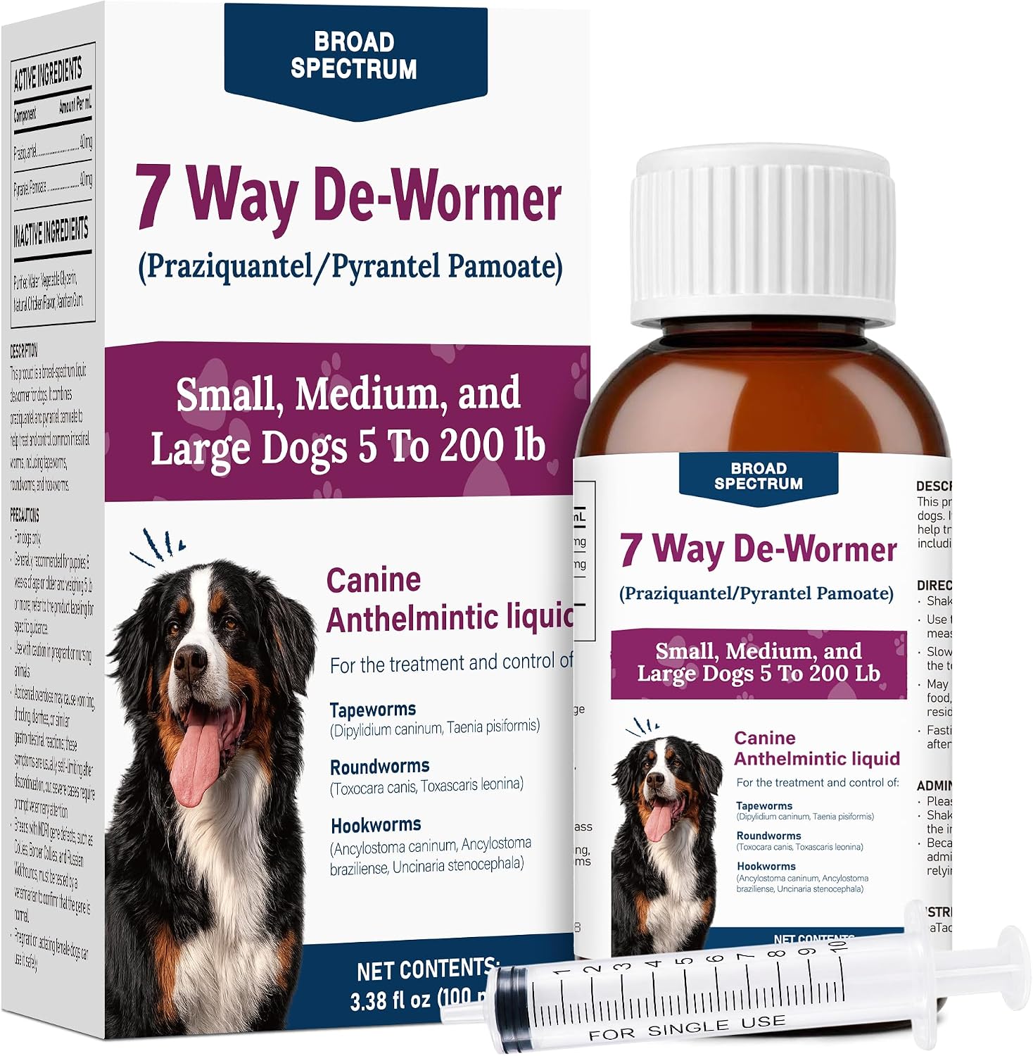 Dewormer for Dogs, with Praziquantel & Pyrantel Pamoate, Helps Control Tapeworms, Roundworms & Hookworms, Dog Wormer Liquid Formula, 3.38 fl oz (100 mL), for Small, Medium & Large Dogs 5–200 lbs