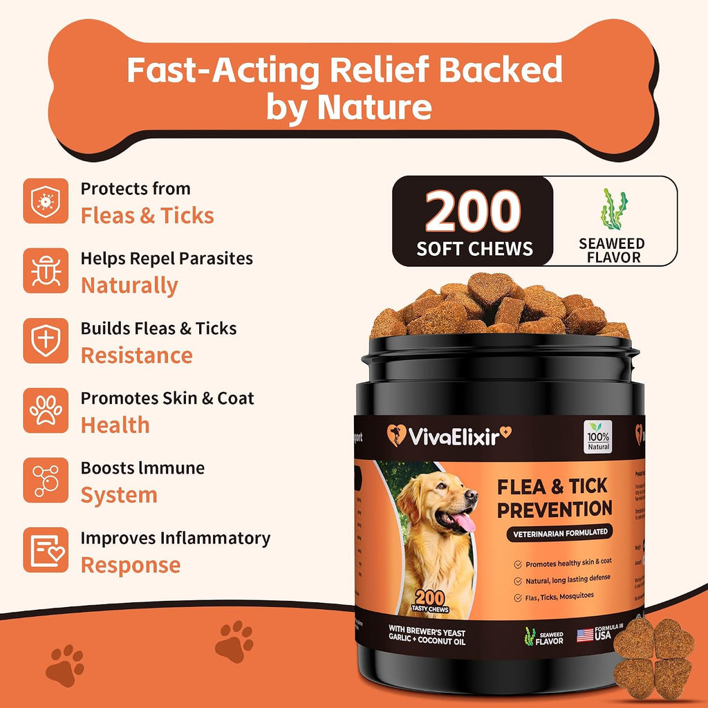 VivaElixir 100% Natural Flea & Tick Prevention for Dogs - 200 Tasty Soft Chews - Formulated with Brewer's Yeast, Garlic & Coconut Oil - Seaweed Flavor