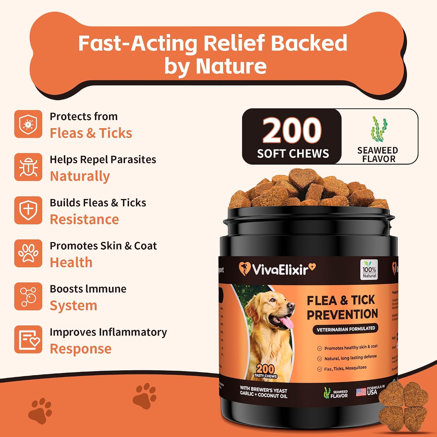VivaElixir 100% Natural Flea & Tick Prevention for Dogs - 200 Tasty Soft Chews - Formulated with Brewer's Yeast, Garlic & Coconut Oil - Seaweed Flavor