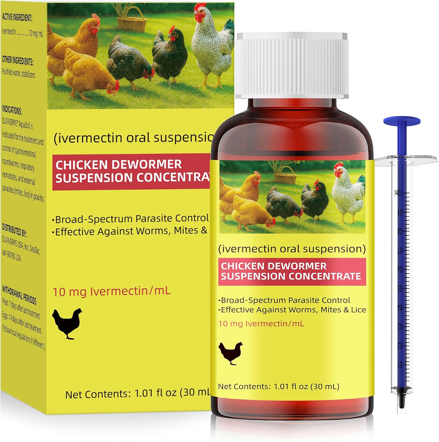 vermectin for Chickens, Poultry Dewormer 10 mg/mL Liquid for Worm, Mite & Lice Care Support, Oral Suspension with Dosing Syringe, for Backyard Chickens & Poultry Flocks, 1.01 oz