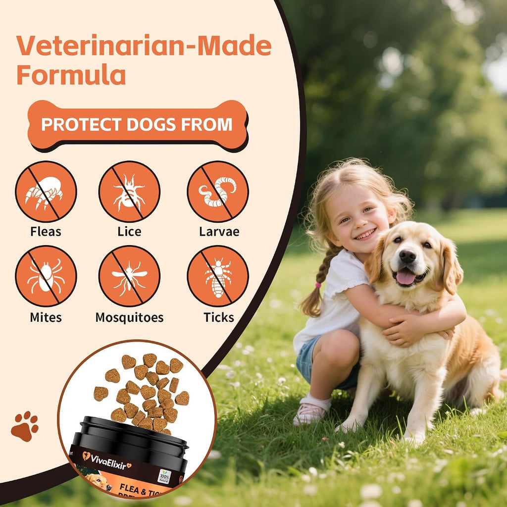 VivaElixir 100% Natural Flea & Tick Prevention for Dogs - 200 Tasty Soft Chews - Formulated with Brewer's Yeast, Garlic & Coconut Oil - Seaweed Flavor