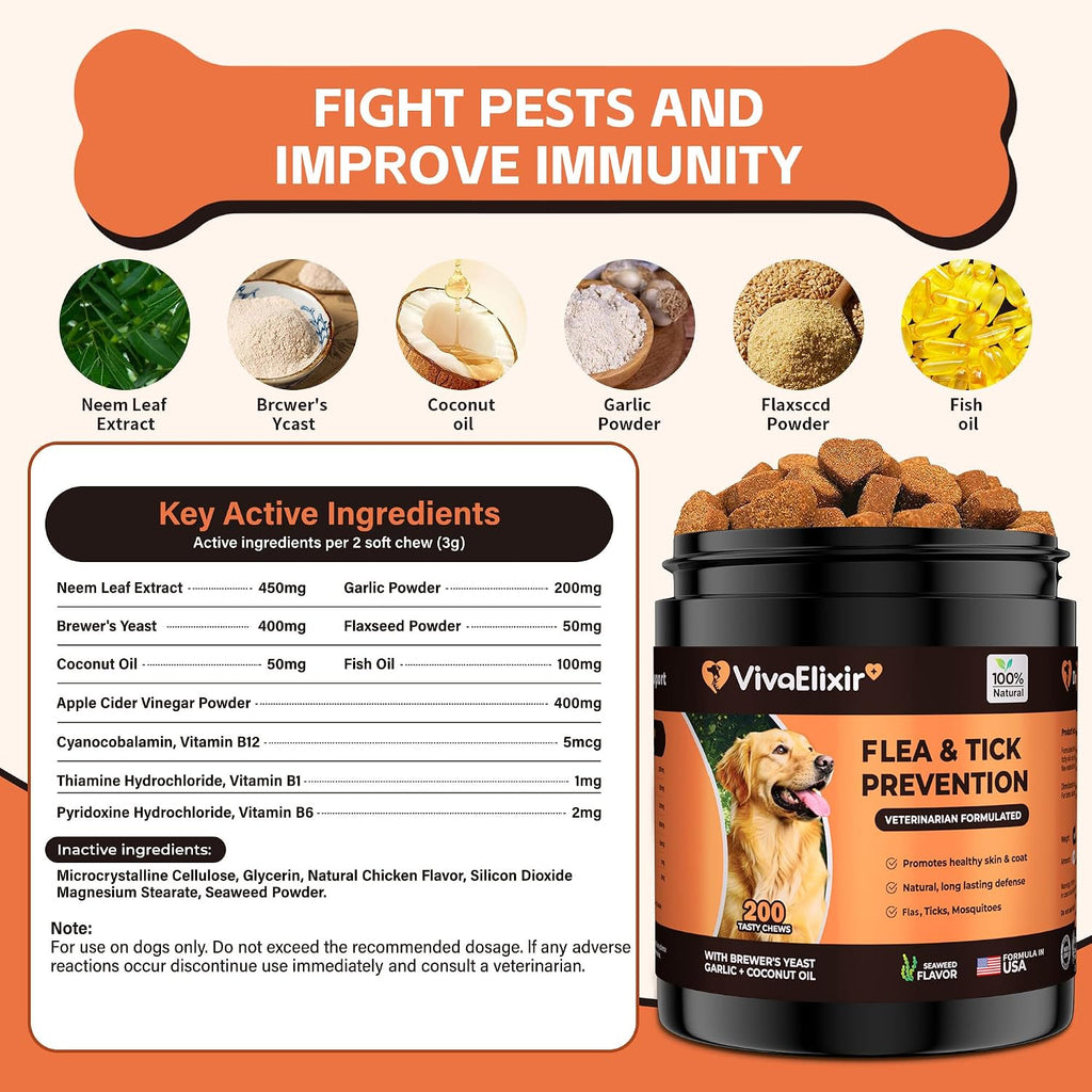 VivaElixir 100% Natural Flea & Tick Prevention for Dogs - 200 Tasty Soft Chews - Formulated with Brewer's Yeast, Garlic & Coconut Oil - Seaweed Flavor