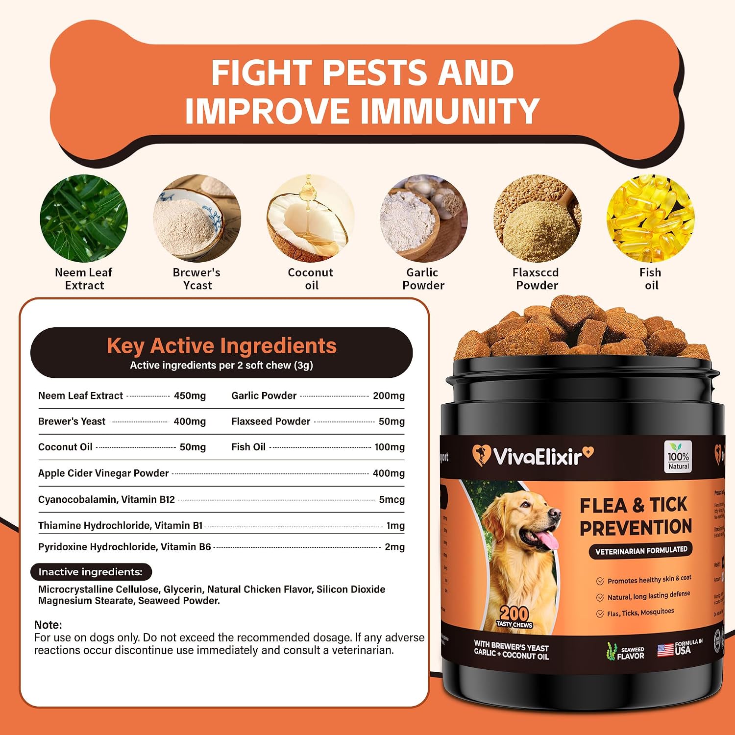 VivaElixir 100% Natural Flea & Tick Prevention for Dogs - 200 Tasty Soft Chews - Formulated with Brewer's Yeast, Garlic & Coconut Oil - Seaweed Flavor