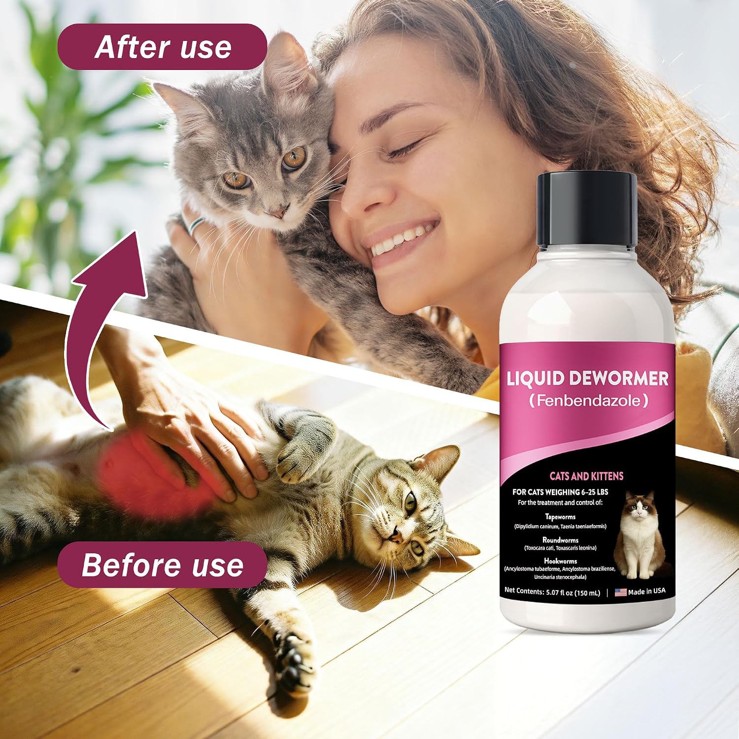 Liquid Dewormer for Cats & Kittens, Fenbendazole Cat Dewormer for Tapeworms, Roundworms, Hookworms & Lungworms, Chicken & Honey Flavor Oral Wormer, Easy Daily Dose, 150 mL