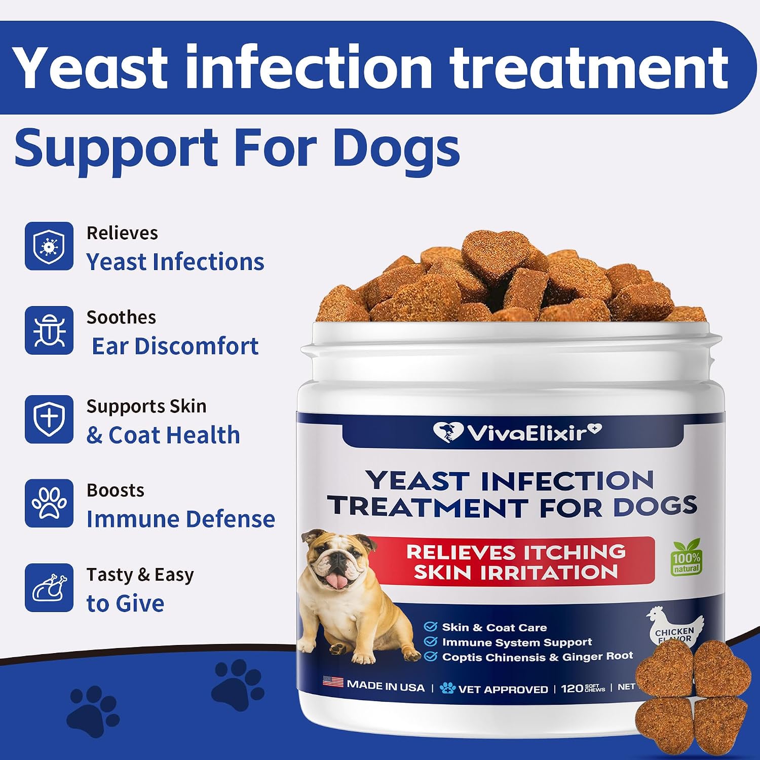 Yeast infection treatment for dogs–Dog ear infection treatment Dog itching skin relief | Caprylic Acid, Pau d’Arco & Goldenseal support Hot spot treatment for dogs Ear Discomfort |120 chewable tablets